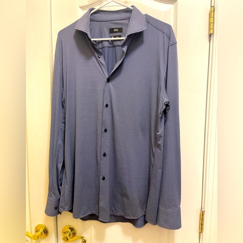 Boss button down man, shirt, wrinkle, free, stretchy, slim fit